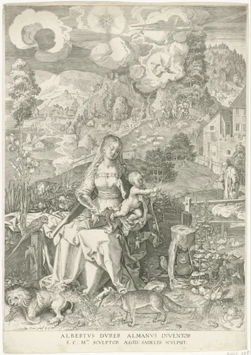 Maria met kind in een landschap by Unknown, print, 1580-1629