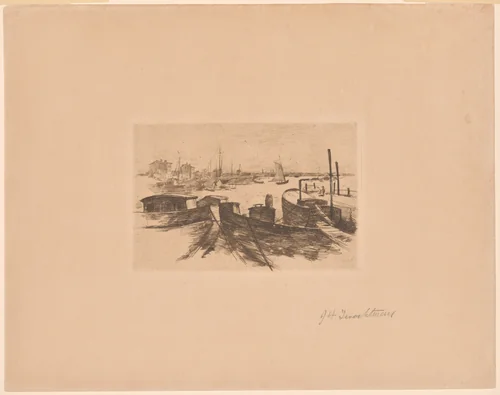 Harbor with Barges by John Henry Twachtman, print, 1879-1880