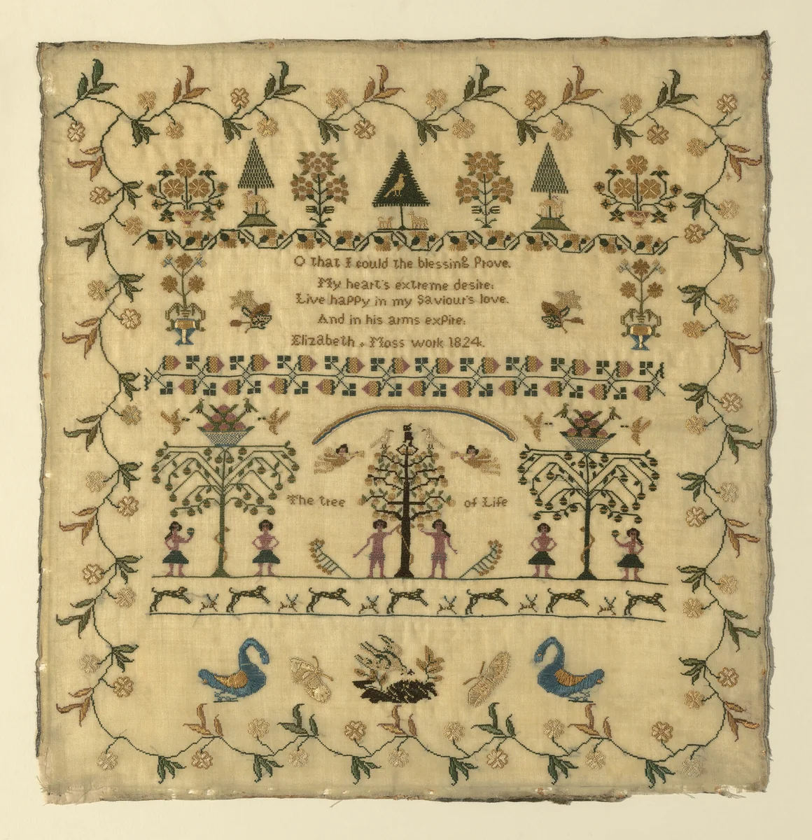 Sampler by Elizabeth Moss, textile, 1824
