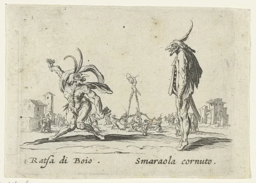 Twee straatartiesten als Ratsa di Boio en Smaraola cornuto by anonymous, print, 1622-1670