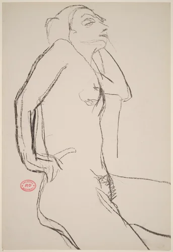 Untitled [nude with her right hand on hip and left arm resting on a support] by Richard Diebenkorn, drawing, 1955-1967