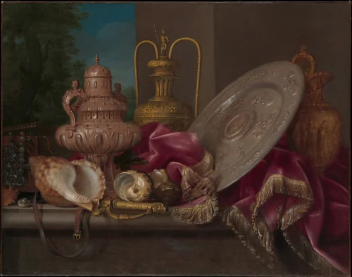 Still Life with Silver and Gold Plate, Shells, and a Sword by Meiffren Conte, painting, 1675-1699