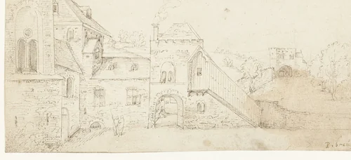 Binnenplaats van een kasteel by anonymous, drawing, 1500-1549