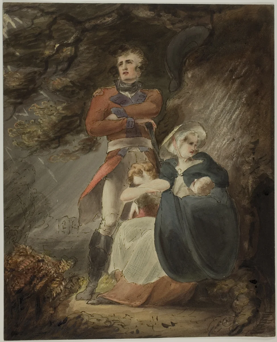 Officer Seeking Shelter with his Wife and Children from a Storm (recto); Sketch of Castle on Hill (verso) by Richard Westall, painting, 1795-1825