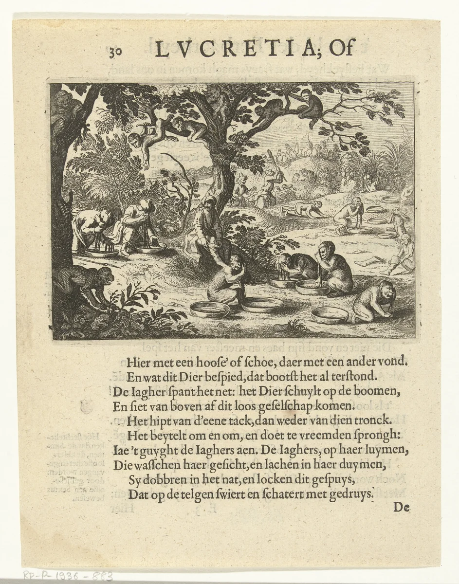 Het vangen van apen by Daniël van den Bremden, print, 1624
