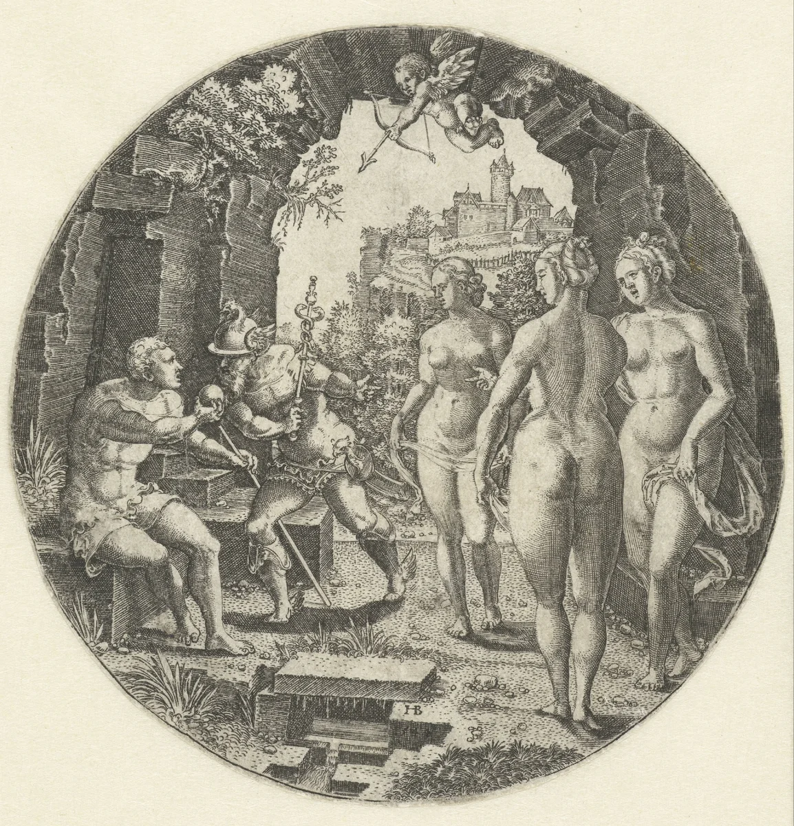 Paris oordeelt of Venus, Minerva of Juno de mooiste is by Unknown, print, 1510-1552