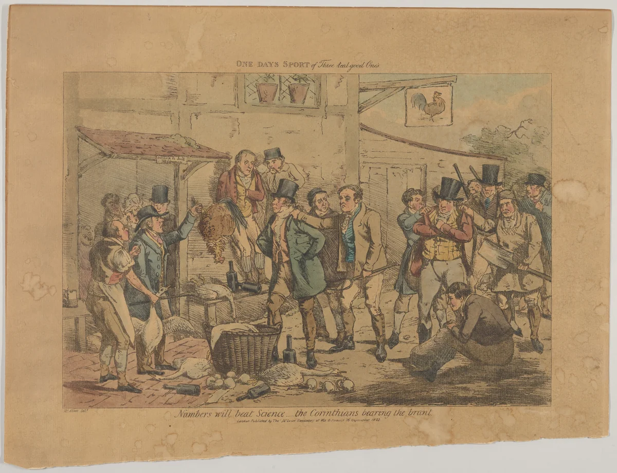 One Day's Sport of Three Real Good Ones Numbers will beat Science... The Corinthians bear the brunt by Henry Thomas Alken, print, 1823