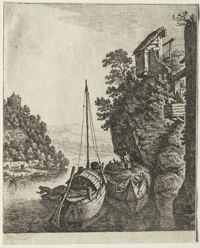 Two Boats moored under a rock by Herman Saftleven, print, 1667