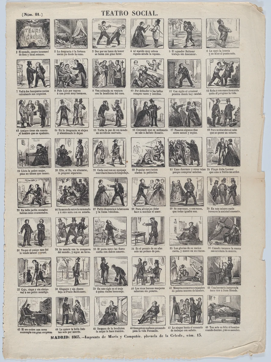 Broadside with 48 scenes depicting moments and conditions relating to the theatre of life by José María Marés, print, 1863