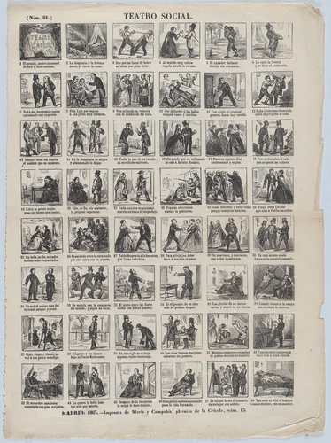 Broadside with 48 scenes depicting moments and conditions relating to the theatre of life by José María Marés, print, 1863