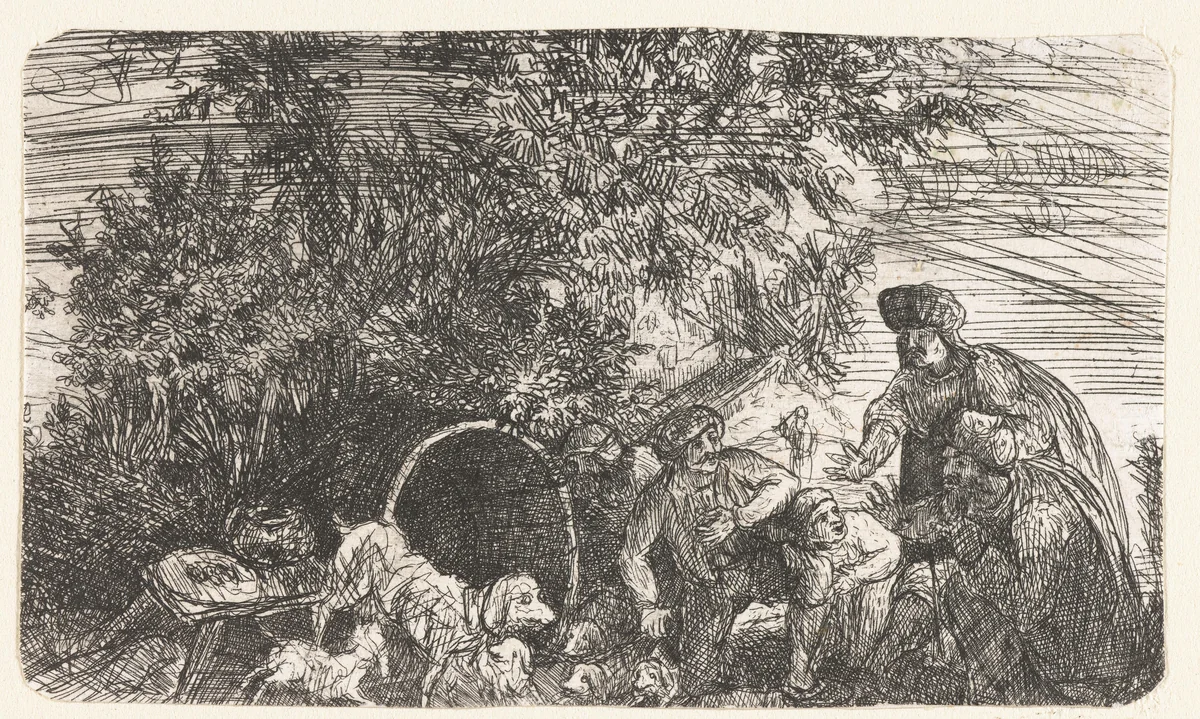 Mannen en hond met jongen bij een ton by Rodolphe Bresdin, print, 1844-1849