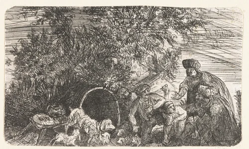 Mannen en hond met jongen bij een ton by Rodolphe Bresdin, print, 1844-1849