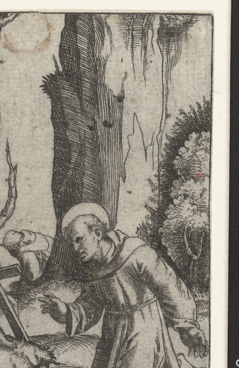 Heilige Franciscus van Assisi knielend voor crucifix by anonymous, print, 1500-1575