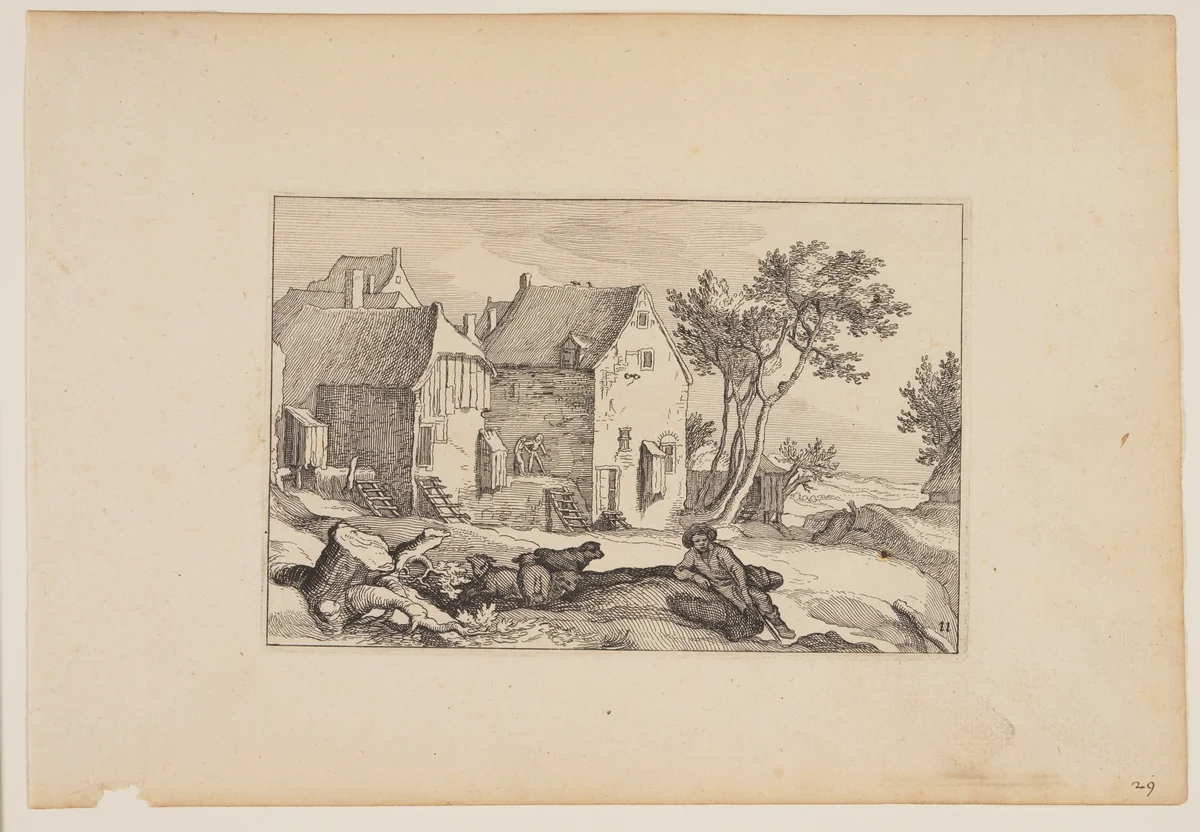 A Farmyard, Resting Shepherd in Centre Foreground, from Landscapes (Verscheyden aerdige Lanthuysen...) by Claes Jansz Visscher, print, 1620