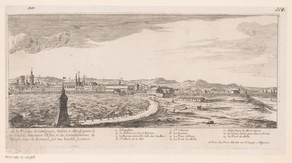 Gezicht op Barcelona by Nicolas Perelle, print, 1641-1695