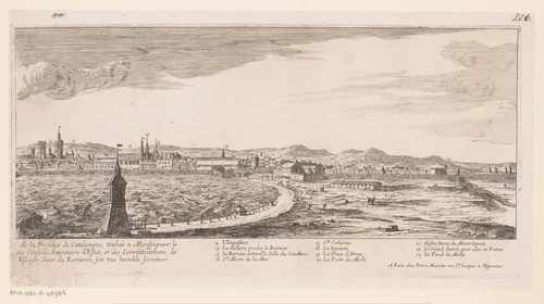 Gezicht op Barcelona by Nicolas Perelle, print, 1641-1695