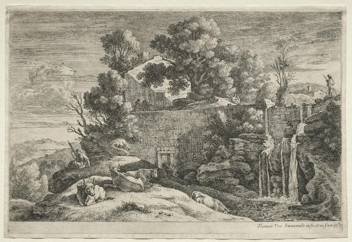 Landscape with a Woman Spinning by Herman van Swanevelt, print, 1643-1655