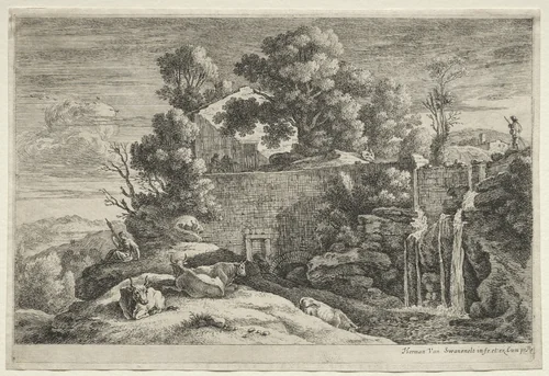 Landscape with a Woman Spinning by Herman van Swanevelt, print, 1643-1655