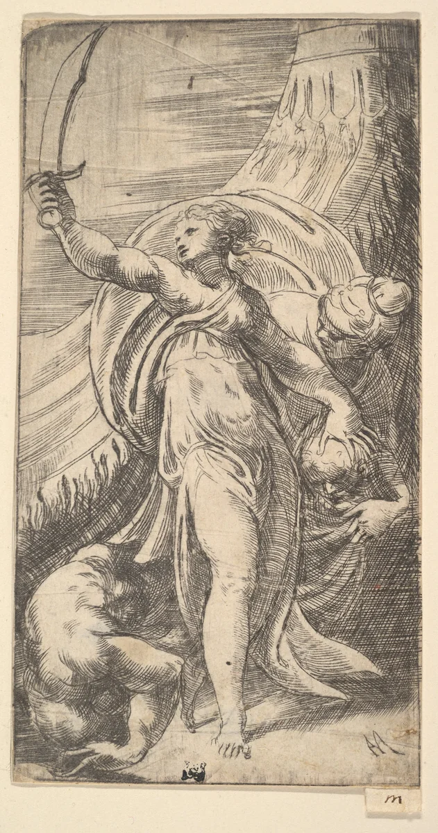 Judith her sword raised in her right hand, placing the head of Holofernes in the sack with her left by Andrea Schiavone, print, 1537-1547