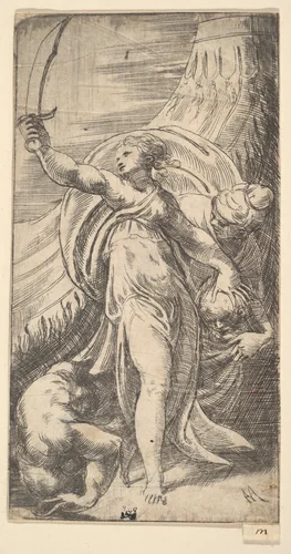 Judith her sword raised in her right hand, placing the head of Holofernes in the sack with her left by Andrea Schiavone, print, 1537-1547