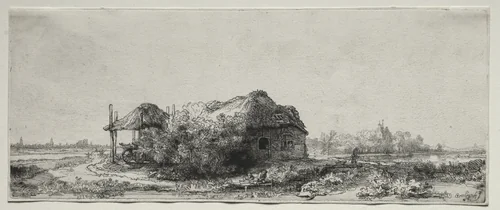 Landscape with a Cottage and Hay Barn: Oblong by Rembrandt van Rijn, print, 1641