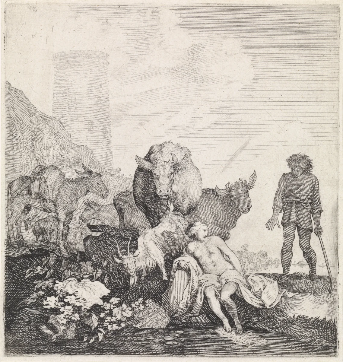 Vrouw verrast bij het baden by Moyses van Wtenbrouck, print, 1600-1647