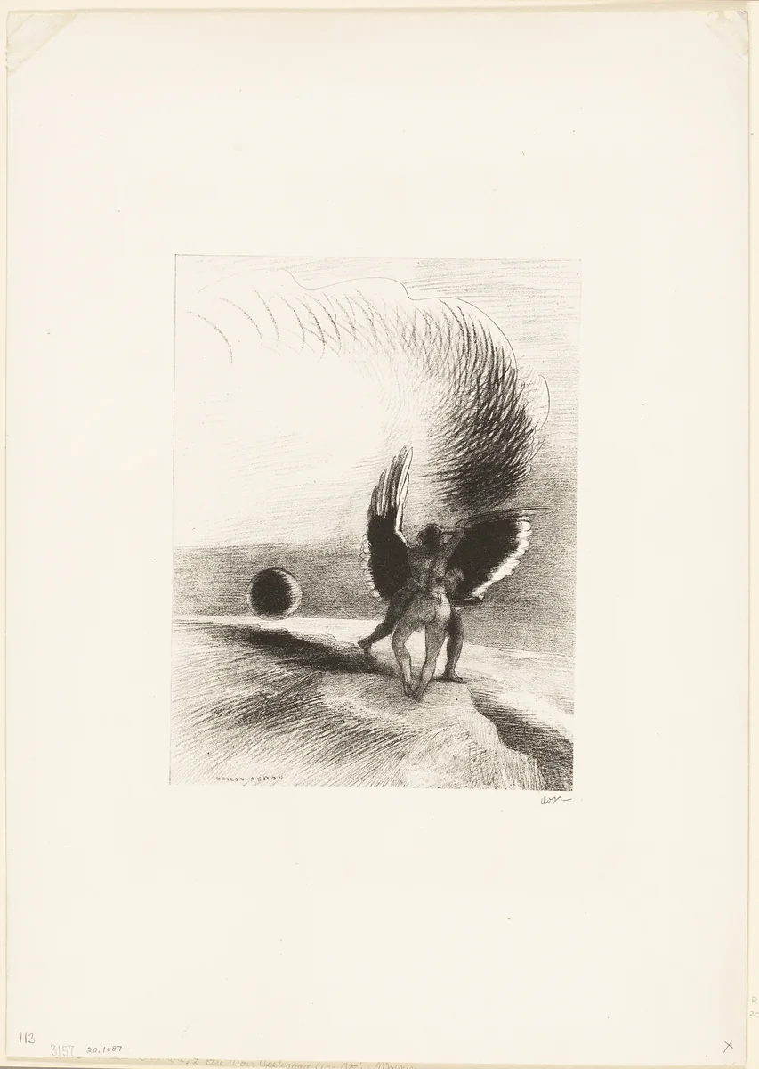 Beneath the Wing of Shadow the Black Creature was Biting Energetically, plate 4 of 6 by Odilon Redon, print, 1891