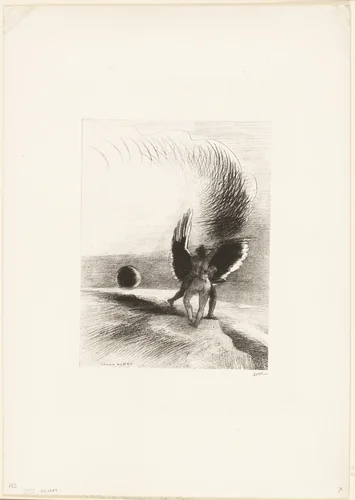 Beneath the Wing of Shadow the Black Creature was Biting Energetically, plate 4 of 6 by Odilon Redon, print, 1891