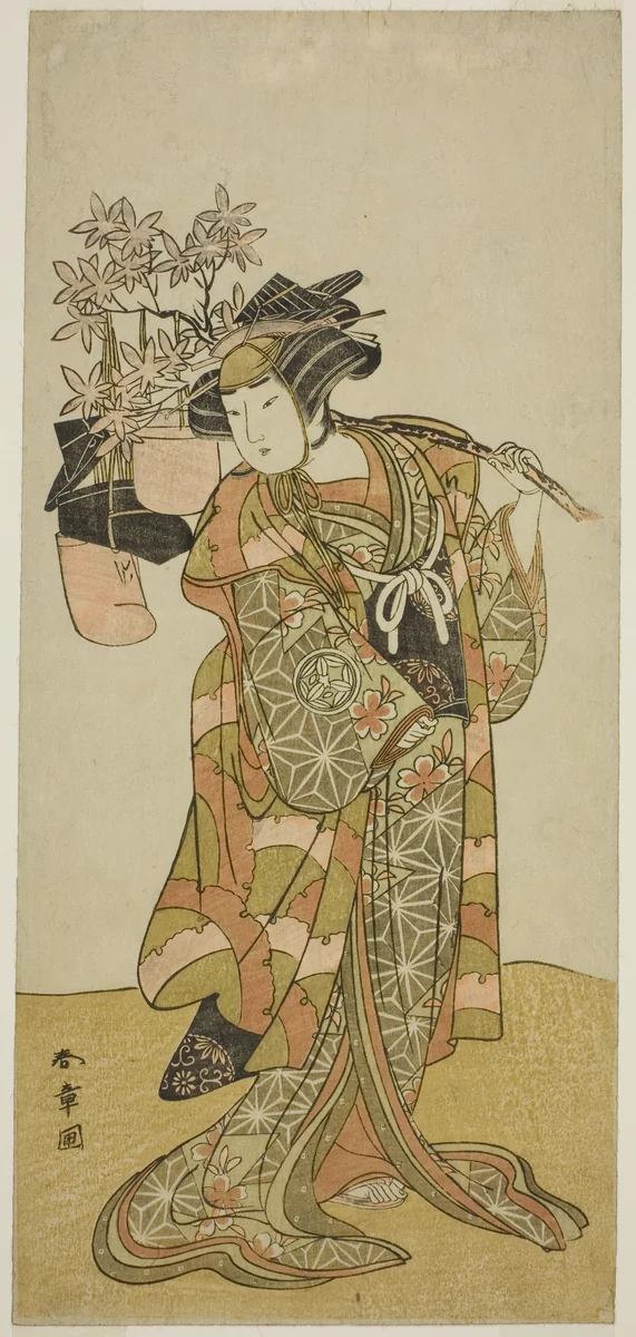 The Actor Yamashita Kinsaku II as Odai, an Eboshi (Hat) Seller, in the Play Hana-zumo Genji Hiiki, Performed at the Nakamura Theater in the Eleventh Month, 1775 by Katsukawa Shunsho (勝川 春章), print, 1770-1780