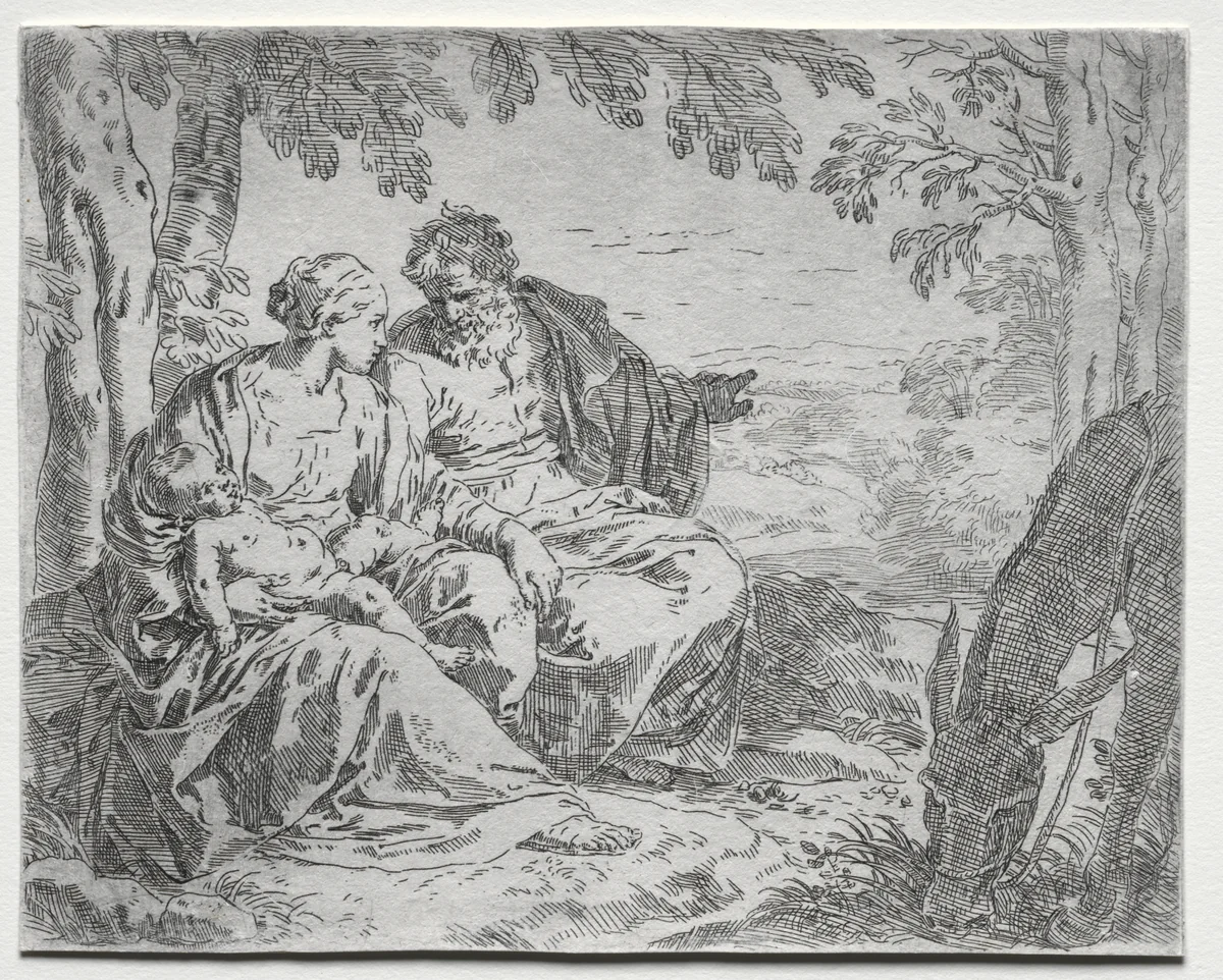 Rest on the Flight in to Egypt by Simone Cantarini, print, 1632-1648