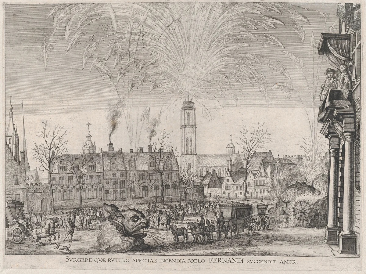 Plate 41: Fireworks display in city square with Ferdinand watching from a balcony at right; from Guillielmus Becanus's 'Serenissimi Principis Ferdinandi, Hispaniarum Infantis...' by Johannes Meursius, print, 1636