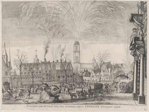 Plate 41: Fireworks display in city square with Ferdinand watching from a balcony at right; from Guillielmus Becanus's 'Serenissimi Principis Ferdinandi, Hispaniarum Infantis...' by Johannes Meursius, print, 1636