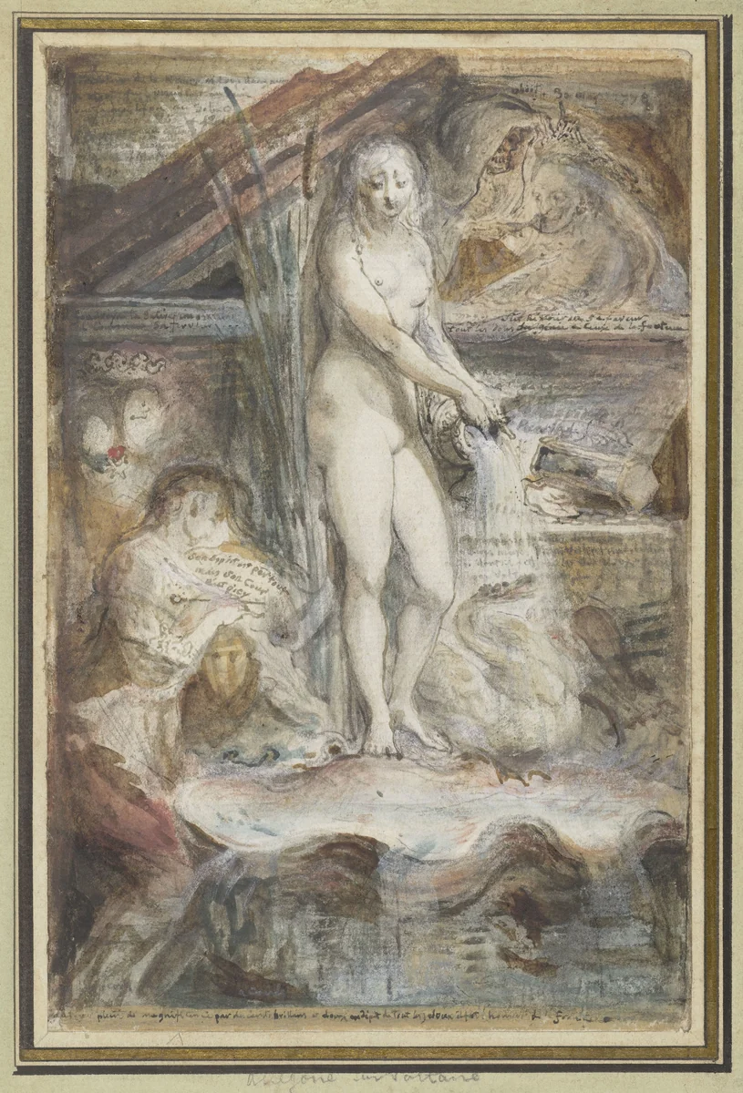 Allegorie op de dood van Voltaire by Gabriel Jacques de Saint-Aubin, drawing, 1778-1780