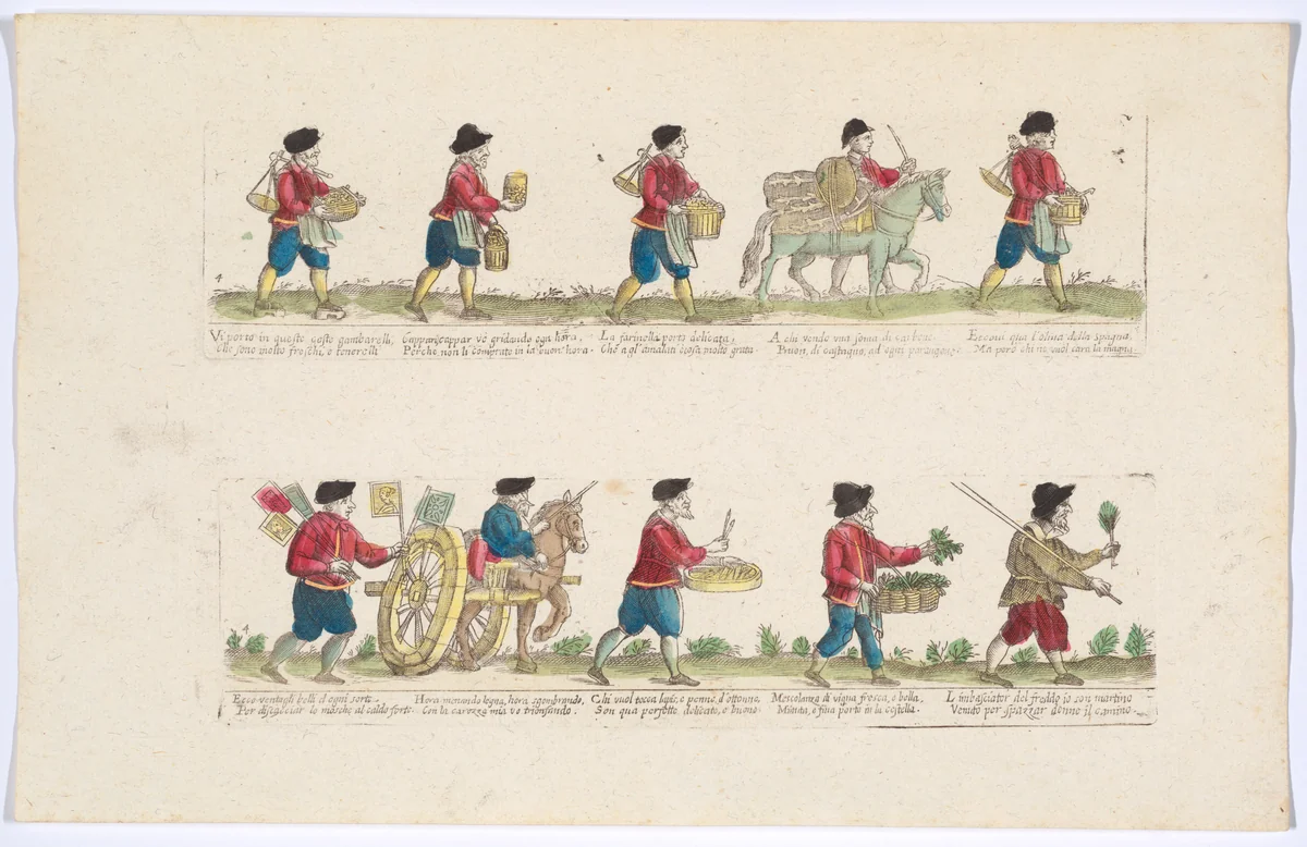 Plate 4 depicting the trades of Rome, here including vendors of shrimps, Spanish olives, herbs etc, from the 'Descrición de las artes que se llaman para los calles de la ciudad de Roma' by Remondini, print, 1765-1805