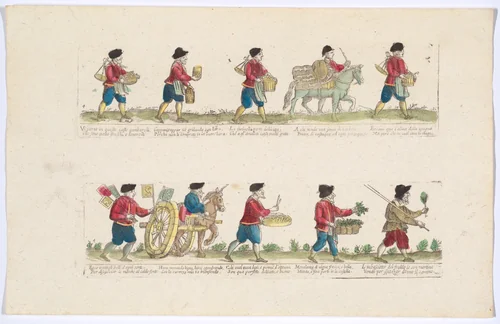 Plate 4 depicting the trades of Rome, here including vendors of shrimps, Spanish olives, herbs etc, from the 'Descrición de las artes que se llaman para los calles de la ciudad de Roma' by Remondini, print, 1765-1805