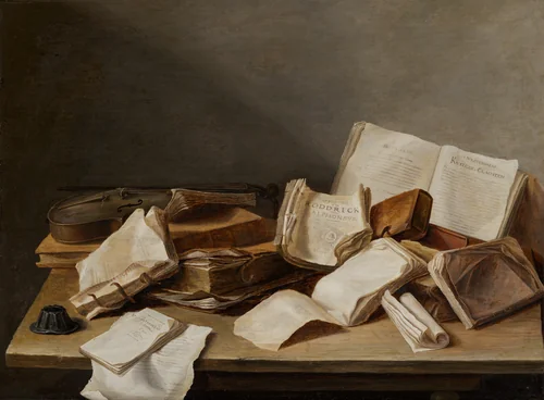 Still Life with Books and a Violin by Jan Davidsz. de Heem, painting, 1628