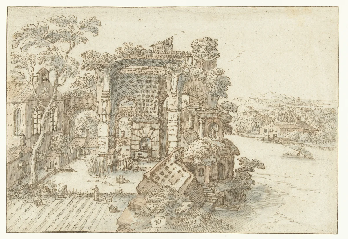 Ruïnes nabij een brede rivier by Hendrick van Cleve, drawing, 1584