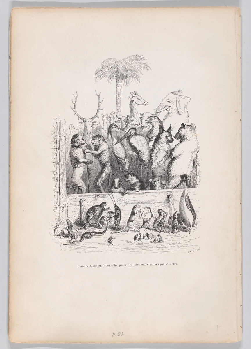 This protest was stifled by the noise of private conversations, from "Scenes from the Private and Public Life of Animals" by J. J. Grandville, print, 1832-1852