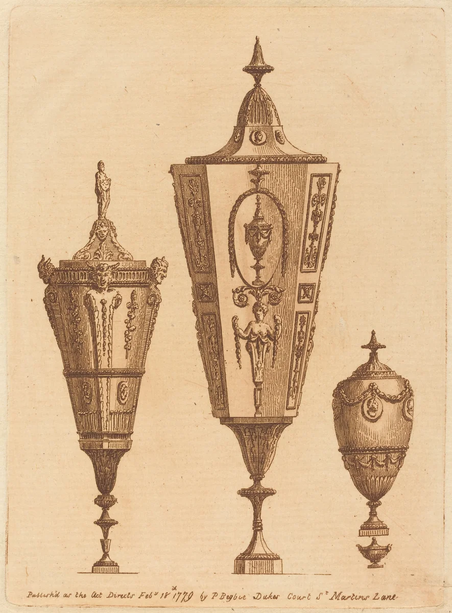 Three Classical Vases, One with Satyr Heads by Patrick Begbie, portfolio, 1779