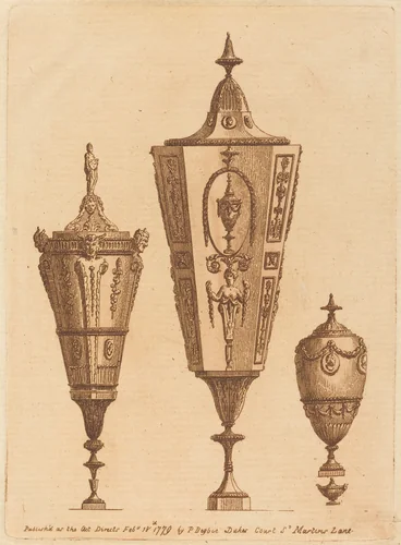 Three Classical Vases, One with Satyr Heads by Patrick Begbie, portfolio, 1779