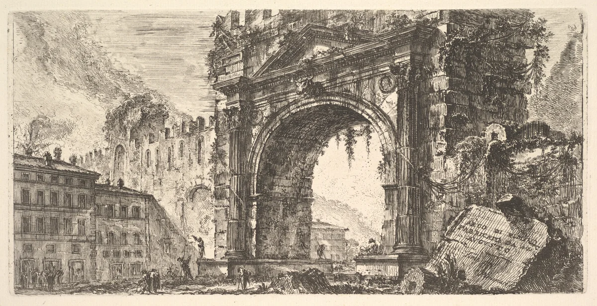 Plate 17: The Arch of Rimini built by Augustus (Arco di Rimino fabbricato da Augusto), from "Alcune Vedute di Archi Trionfali ed altri monumenti inalzati da Romani parte di quali se veggono in Roma e parte per l'Italia" by Giovanni Battista Piranesi, print, 1743-1753