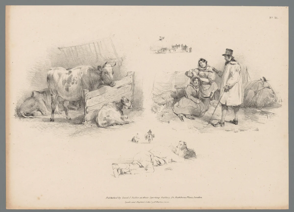 Voorstellingen met vee en figuren op het land by Thomas Sidney Cooper, print, 1837