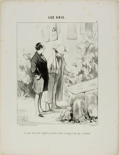 The husband wants him to look at his hot-bed, the friend only dreams of seeing his wife, plate 3 from Les Amisa by Honoré-Victorin Daumier, print, 1845