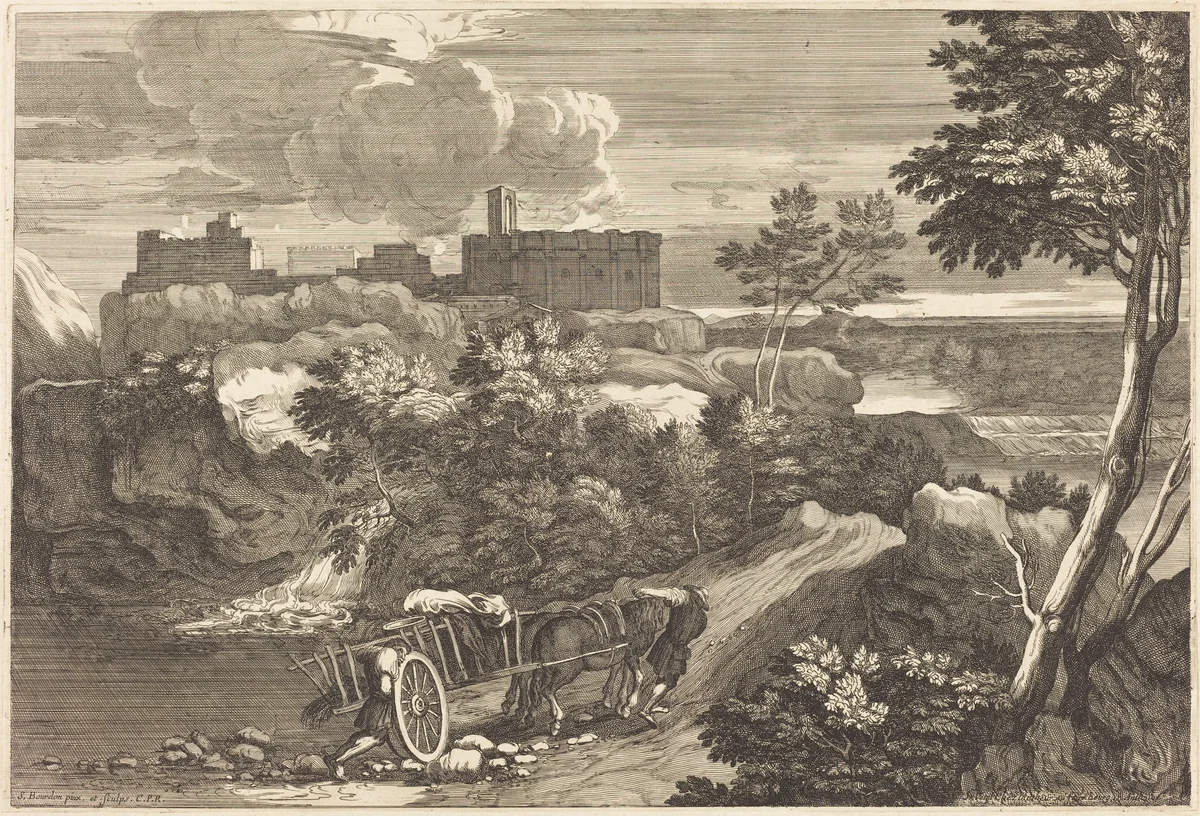 Landscape with Wagon by Sébastien Bourdon, print, 1616-1671