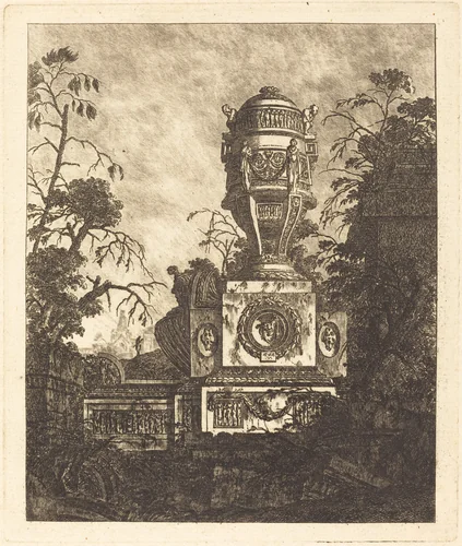 Vase Supported by a Base with Three Grotesque Faces by Jean Laurent Legeay, print, 1768