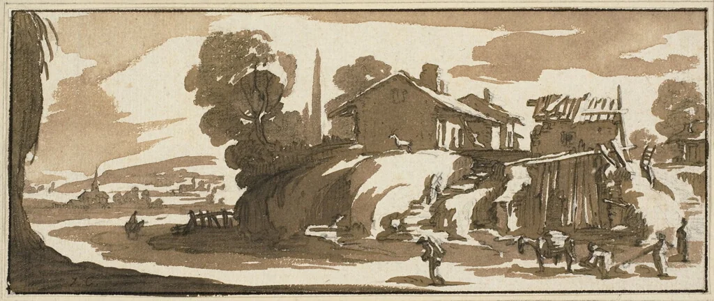 A Farm by Jacques Callot, drawing, 1625-1635