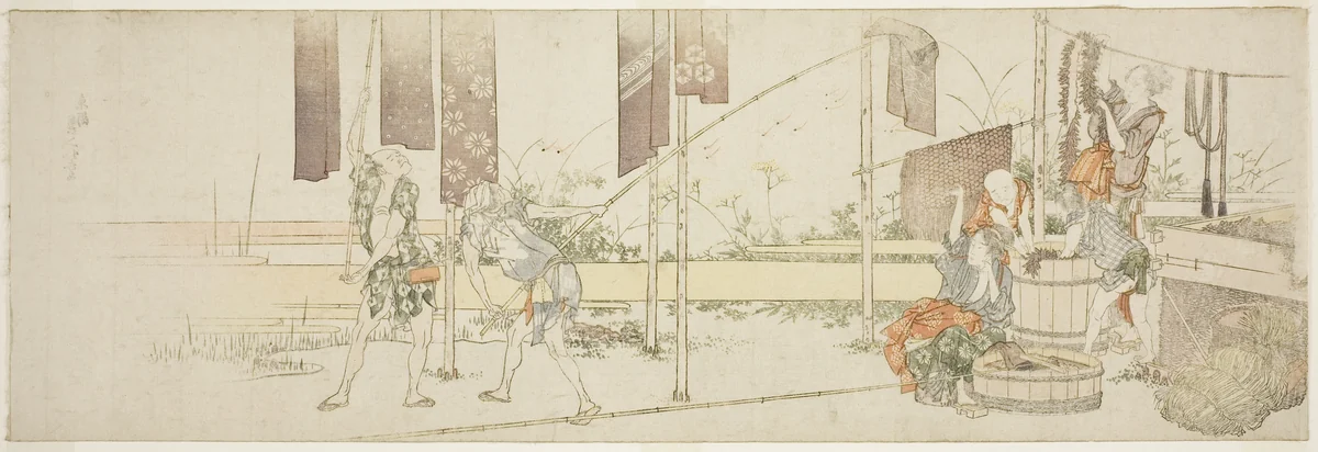 Hanging up dyed cloth by Katsushika Hokusai (葛飾 北斎), print, 1800-1810