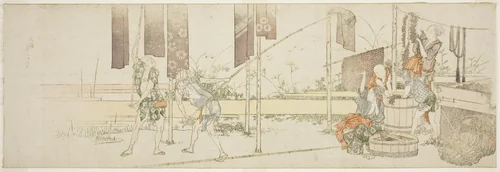 Hanging up dyed cloth by Katsushika Hokusai (葛飾 北斎), print, 1800-1810