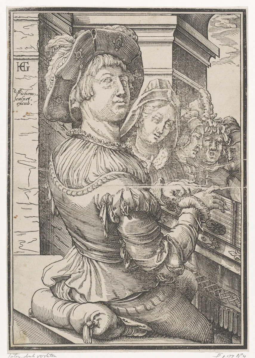 Citerspelende jongeman met vier zingende figuren by Unknown, print, 1546-1624