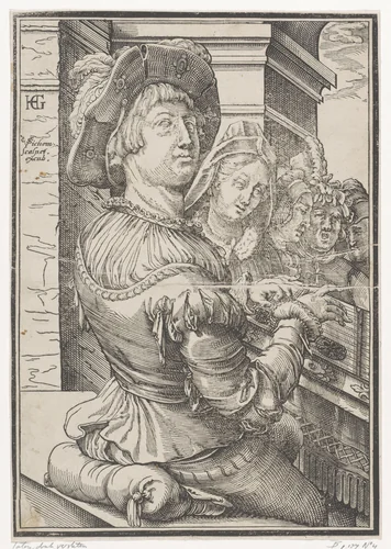 Citerspelende jongeman met vier zingende figuren by Unknown, print, 1546-1624